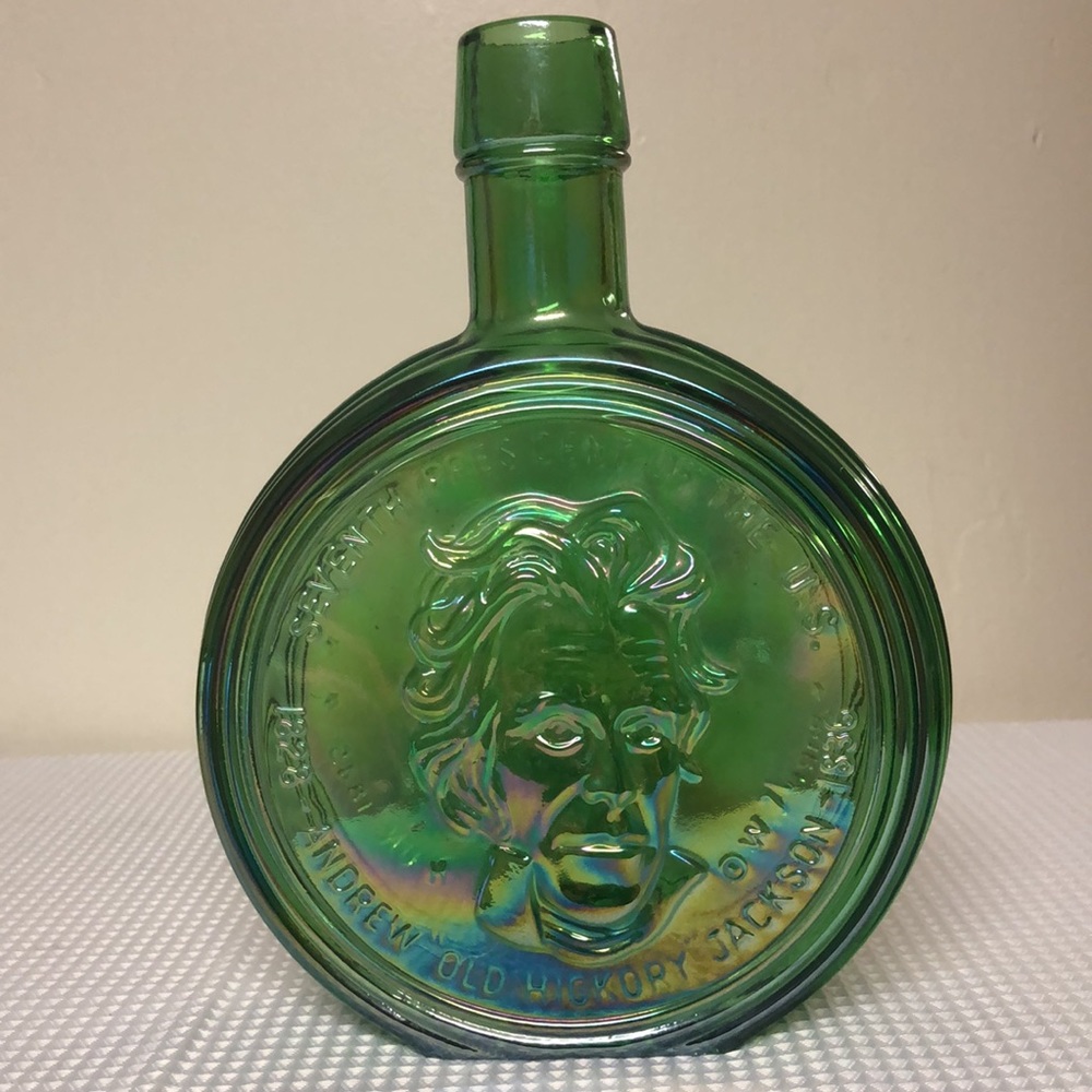Wheaton 1st Ed. President ANDREW JACKSON Green Iridescent Glass Bottle RARE